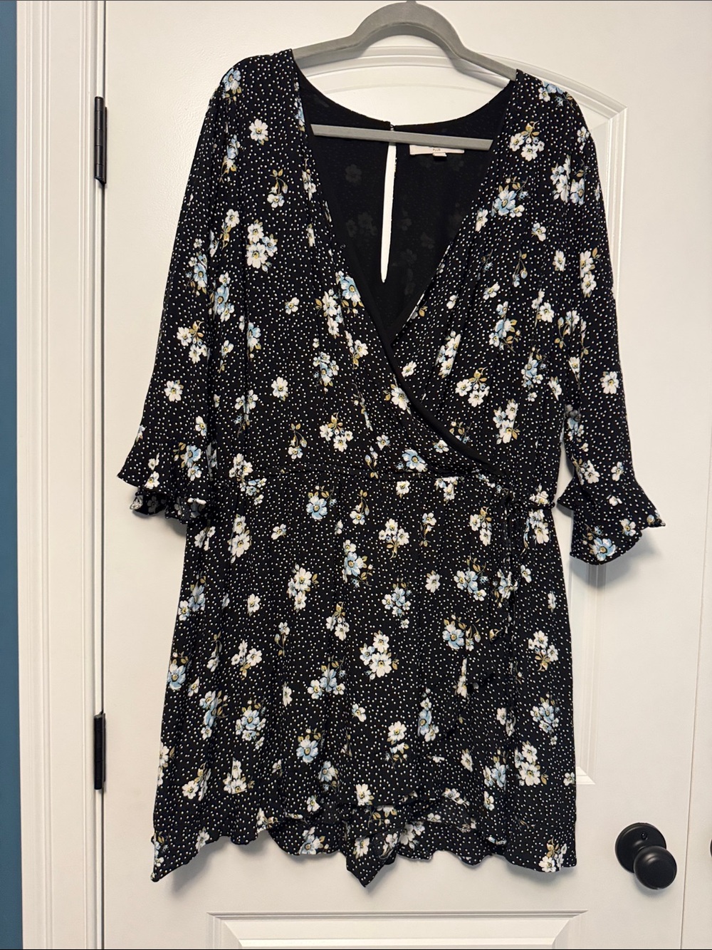 Black Floral Wrap-Style Women’s Top